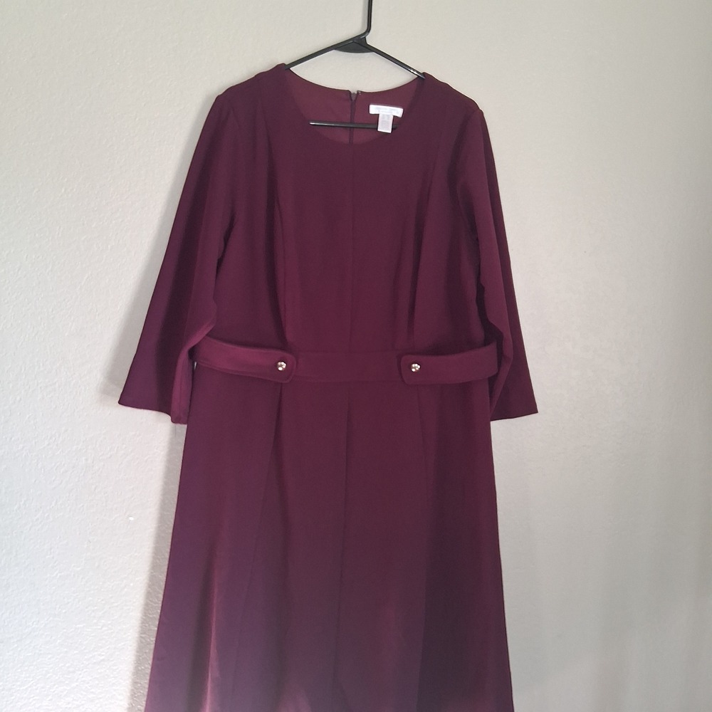 London Times Fit & Flare Dress Women 16W Burgundy 3/4 Sleeve Modest Work Career